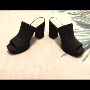 H&M new black faux suede, peep toe mules
